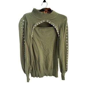 Oliver.O by Escio Olive Green Cutout Studded Mock Neck Sweater‎ Womens Large